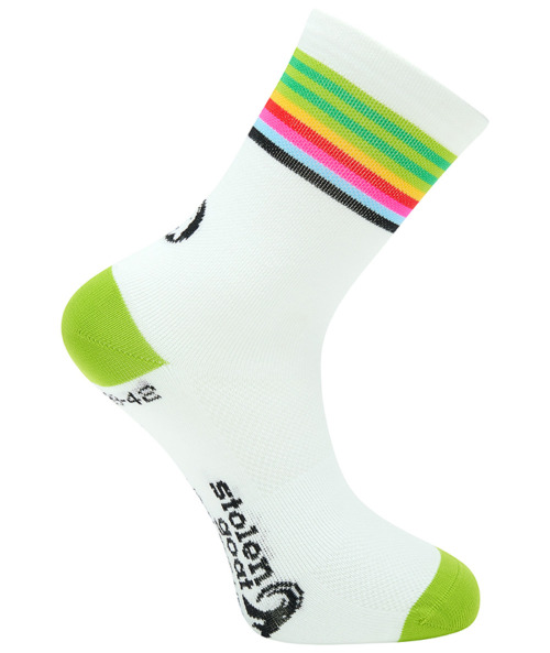 Lithium white cycling sock with green toe and heel and multi stripe at ankle
