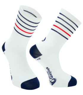 Vulcan Kalahari sock white with navy toe and heel and navy and red thing stripe at the ankle