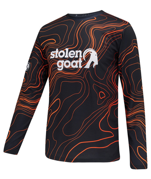 Men's Topo long sleeved mountain bike jersey - black with red topographical print and white stolen goat logo in centre of chest