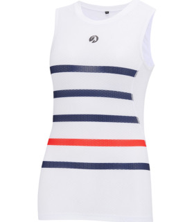 Women's Vulcan white mesh base layer with navy and red breton stripes