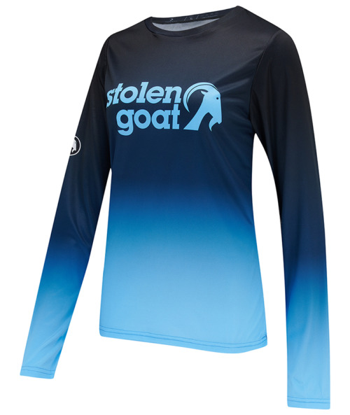women's zion long sleeved mtb jersey with blue gradient fade and large centre SG logo