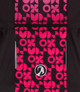 Close up of back pocket and goat head logo on Men's Anaheim ibex bodyline gilet pink and blue graphic design