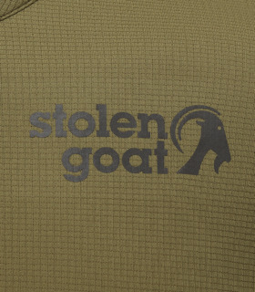 Close up of Stolen Goat logo on Men's olive gravel jersey