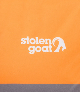 Close up of white SG logo on Men's Quadrant orange and stripe ibex bodyline gilet