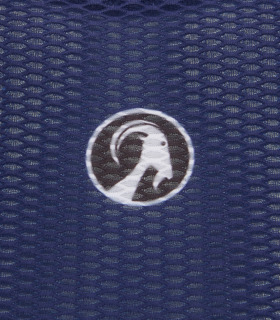 Close up of round black goat head logo in centre chest of men's navy vulcan mesh base layer