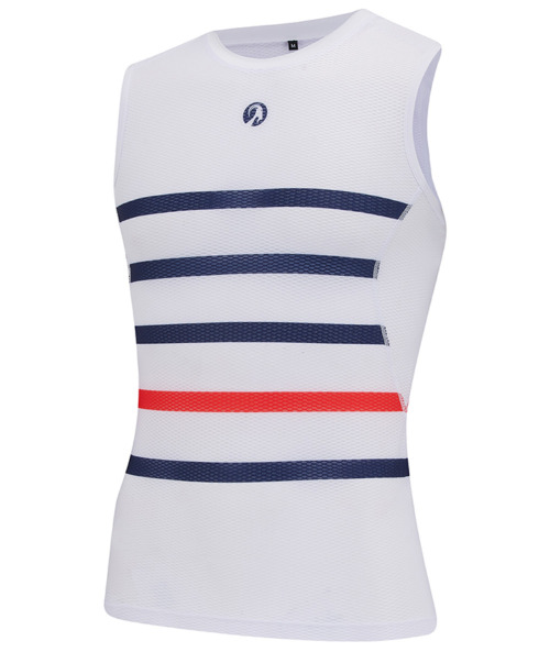Men's Vulcan white mesh base layer with navy and red breton stripes