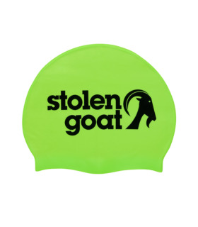 green swimming cap with black stolen goat logo on the sides