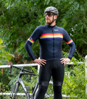 Man wearing Jaffa navy and rainbow block stripe jersey