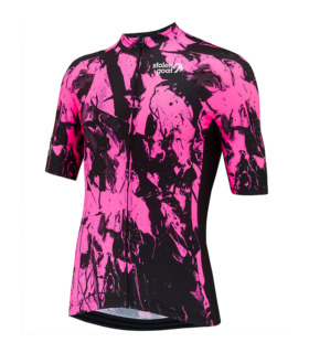 Front view of men's Remix short-sleeved cycling jersey - abstract splash style pink and black design.