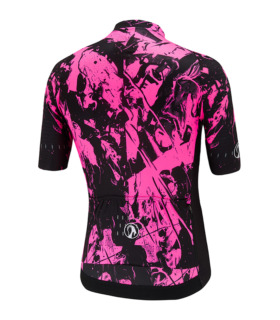 Rear view of men's Remix short-sleeved cycling jersey - abstract splash style pink and black design.