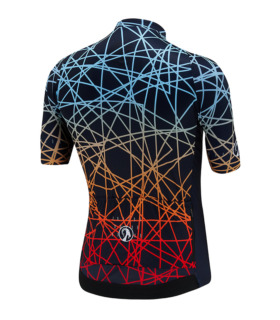 Rear view of men's Vortex ibex jersey - short sleeved cycling jersey with linear graphic design on navy background