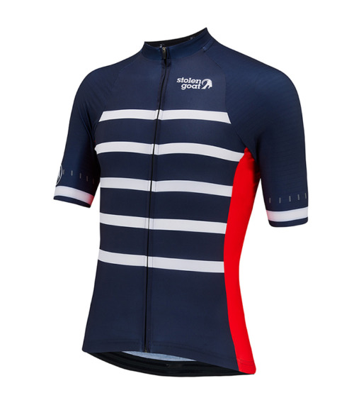 Front view of stolen goat men's Vulcan short-sleeved cycling jersey - navy with white breton stripes and red side panels