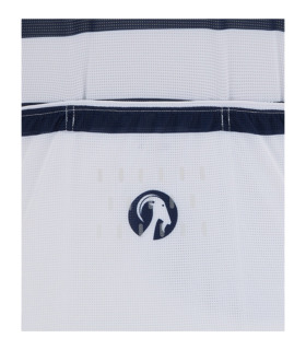 Close up of rear pocket on men's Vulcan Kalahari cycling jersey - white with navy breton stripes navy round goat head logo