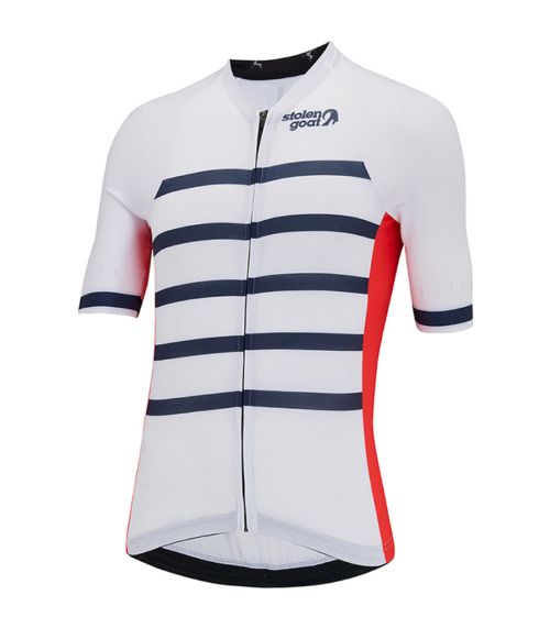 Front view of men's Vulcan Kalahari cycling jersey - white with navy breton stripes and red side panels