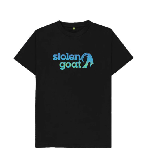 Men's black t-shirt with blue stolen goat logo featuring blue wave design