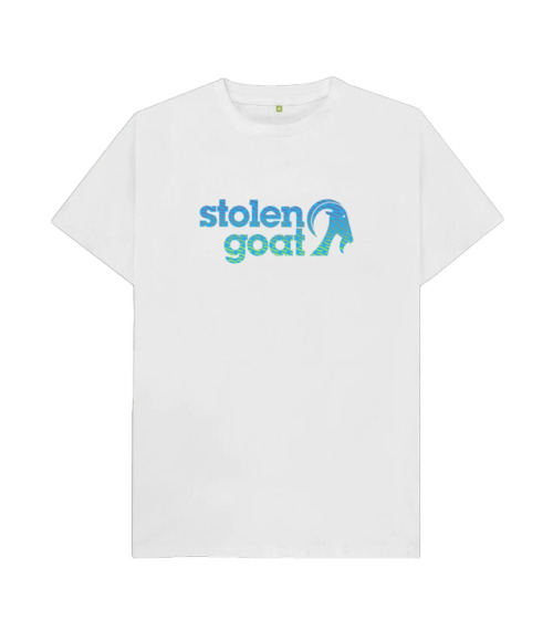 Men's white t-shirt with blue wave design stolen goat logo