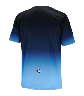 Rear view of Men's Zion short sleeved MTB jersey blue gradient fade small round Stolen Goat goat head logo in the centre back