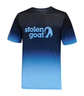 Front view of Men's Zion short sleeved MTB jersey blue gradient fade with light blue Stolen Goat logo