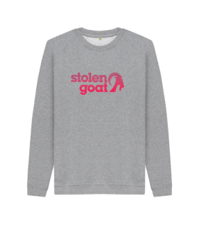 Men's long sleeved grey sweatshirt with pink wave logo design in the centre