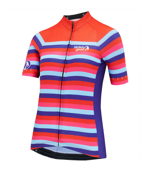 Front view of Stolen Goat women's Kenickie cycling jersey red with blue and purple stripe