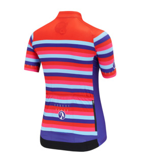 Rear view of Stolen Goat women's Kenickie cycling jersey red with blue and purple stripe