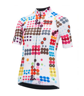 Front view of women's Kubrik jersey white with multi spot design