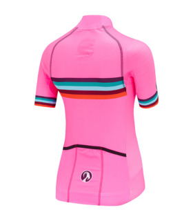 Rear view of women's Misty Ibex jersey bright pink with multi-coloured block stripe