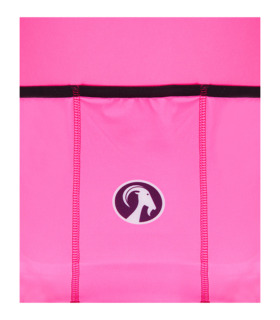 Close up of rear logo detail on women's Misty Ibex jersey bright pink with multi-coloured block stripe