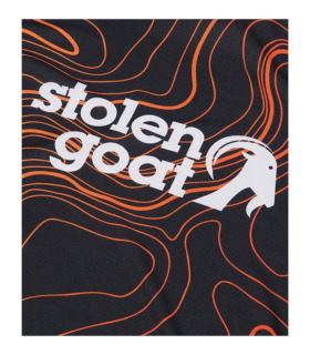 Close up of front stolen goat logo on the women's topo mtb jersey