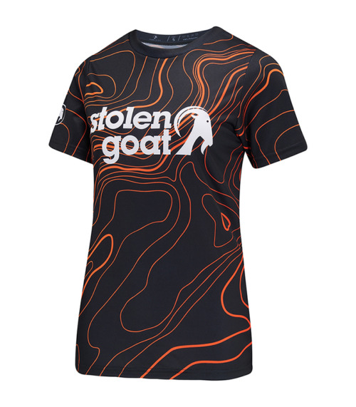 Front view of women's topo short sleeved mountain biking jersey black with orange topographical design and white stolen goat logo