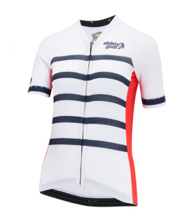 Front view of women's Vulcan Kalahari cycling jersey - white with navy breton stripes and red side panels