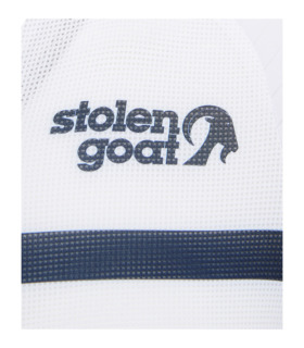 Close up of details on women's Vulcan Kalahari cycling jersey - white with navy breton stripes and red side panels