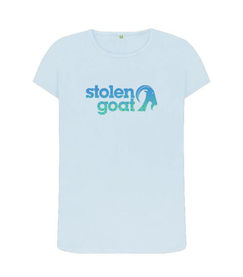 Women's sky blue casual t-shirt with blue wave design Stolen Goat logo