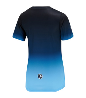 Rear view of women's Zion short sleeved MTB jersey blue gradient fade with light blue Stolen Goat logo