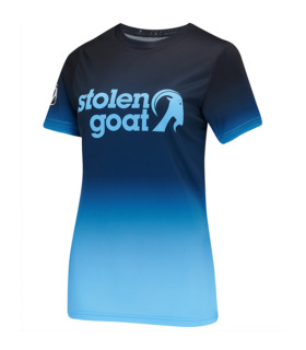 Front view of women's Zion short sleeved MTB jersey blue gradient fade with light blue Stolen Goat logo