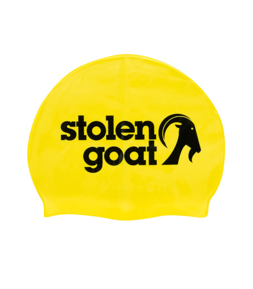 yellow swimming cap with black stolen goat logo on the sides