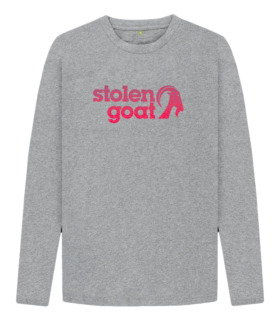 Men's grey long sleeved t-shirt with pink wave design stolen goat logo in the centre