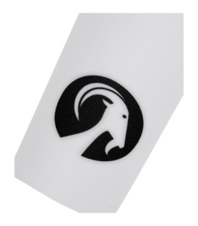 close up of goat head logo on white ibex arm warmers