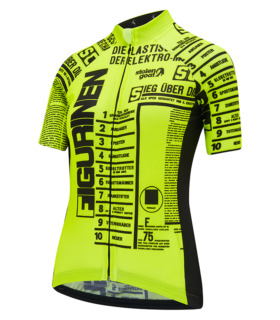Front view of women's Tate El Lissitzky jersey fluoro yellow with black typography