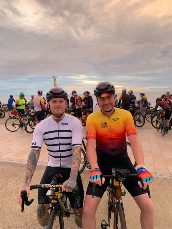 Stolen Goat Managing Director Andy along with Brand Ambassador Luke Taylor at the start line of the 2023 Chase The Sun North ride