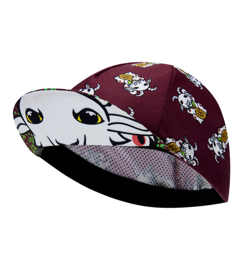 Stolen Goat Moshi cycling cap dark burgundy with goat face on inside of peak and all over japanese inspired waving goat design