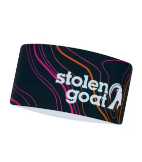 Pioneer thermal cycling headband navy blue with pink and orange linear topography design and white stolen goat logo