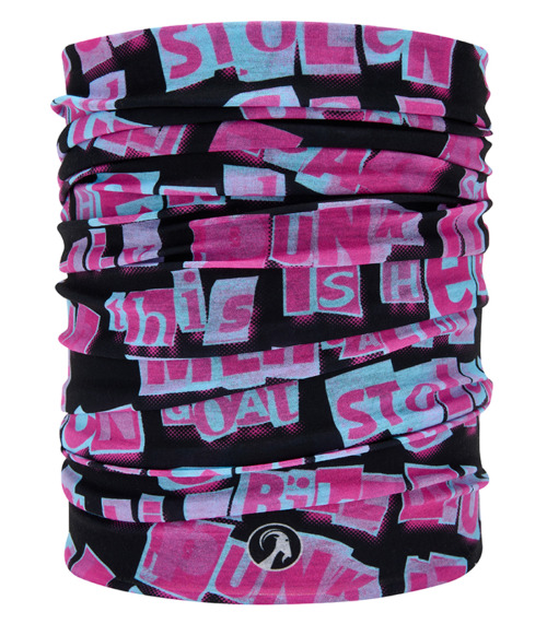 ransom cycling neckwarmer black with pink and blue typography design