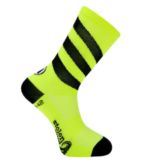 Fluoro yellow cycling socks with diagonal black stripes and black heel and toe. Side view.