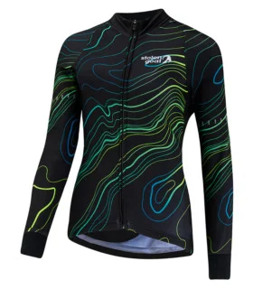 Women's Pioneer Kiko cycling jersey black with blue and green topography design