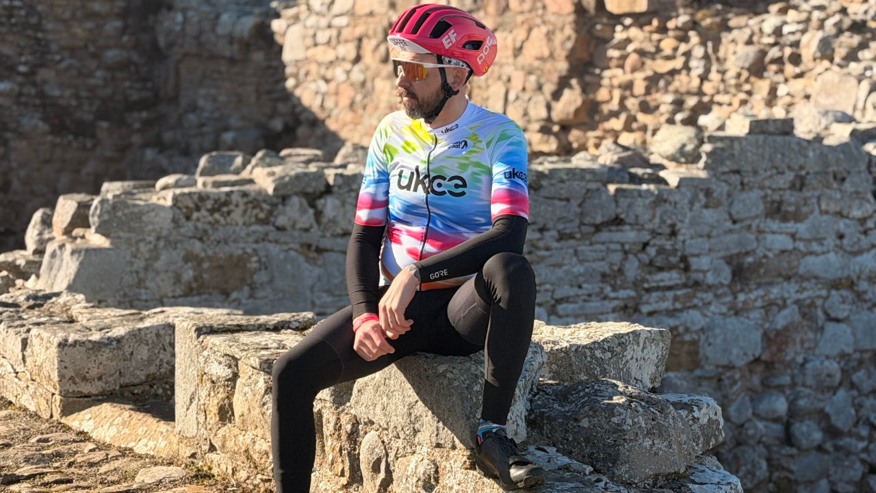 Stu GB Scotland wearing the 2026 Stolen Goat x UKCE cycling jersey