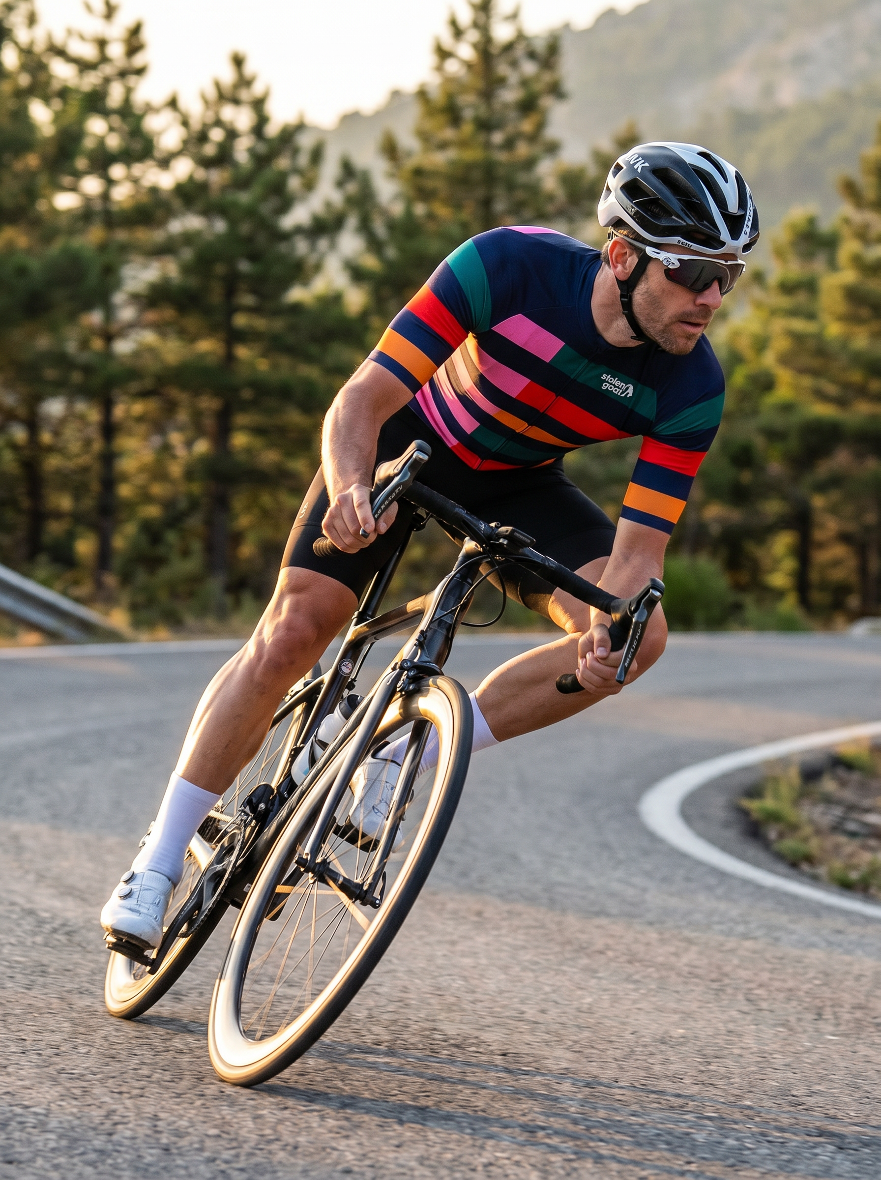 Stolen Goat cyclist in bold cycling kit