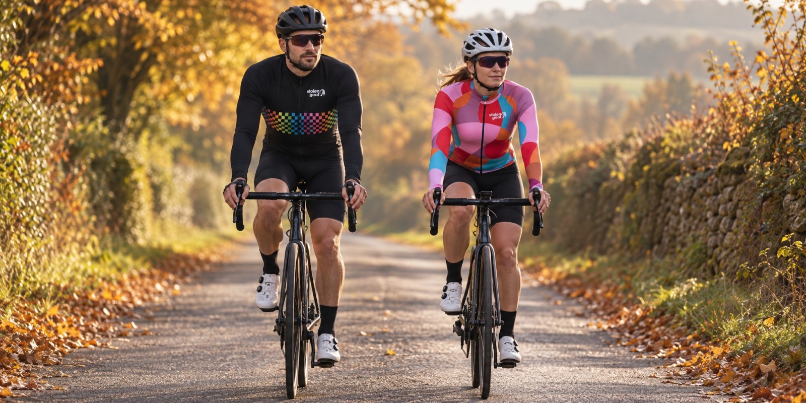 Two cyclists on an autumn lane, a man in the Stolen Goat Hobie Ibex long sleeve jersey and a woman in the Prong Ibex long sleeve jersey